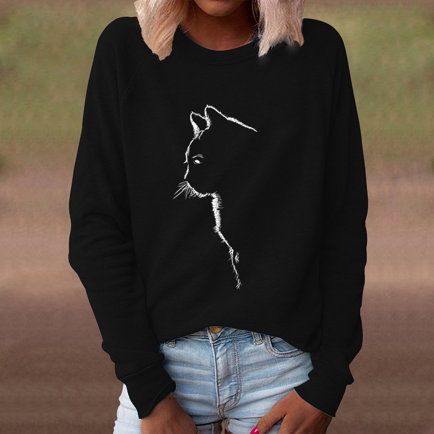 Women's Autumn Cat Creative Printing Round Neck Long Women's Sweater, Sweater