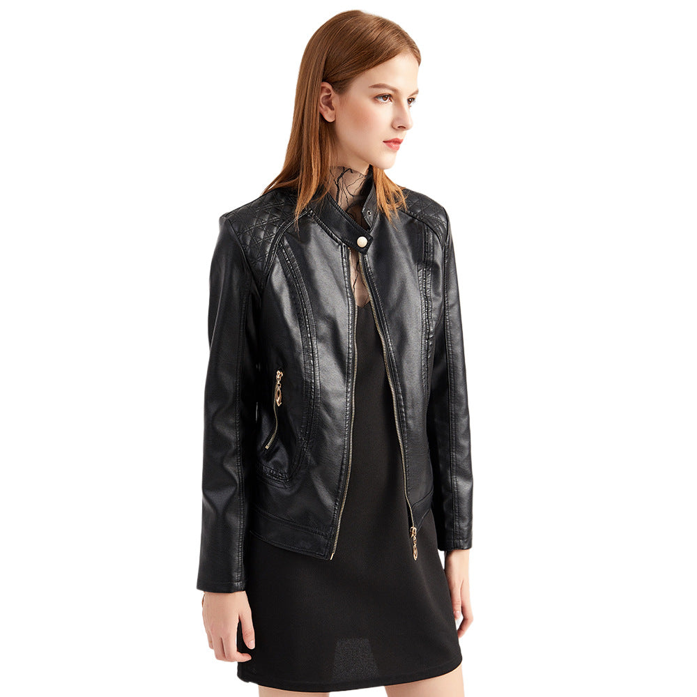 Women's Durable Leather Temperament Stand Collar Jackets