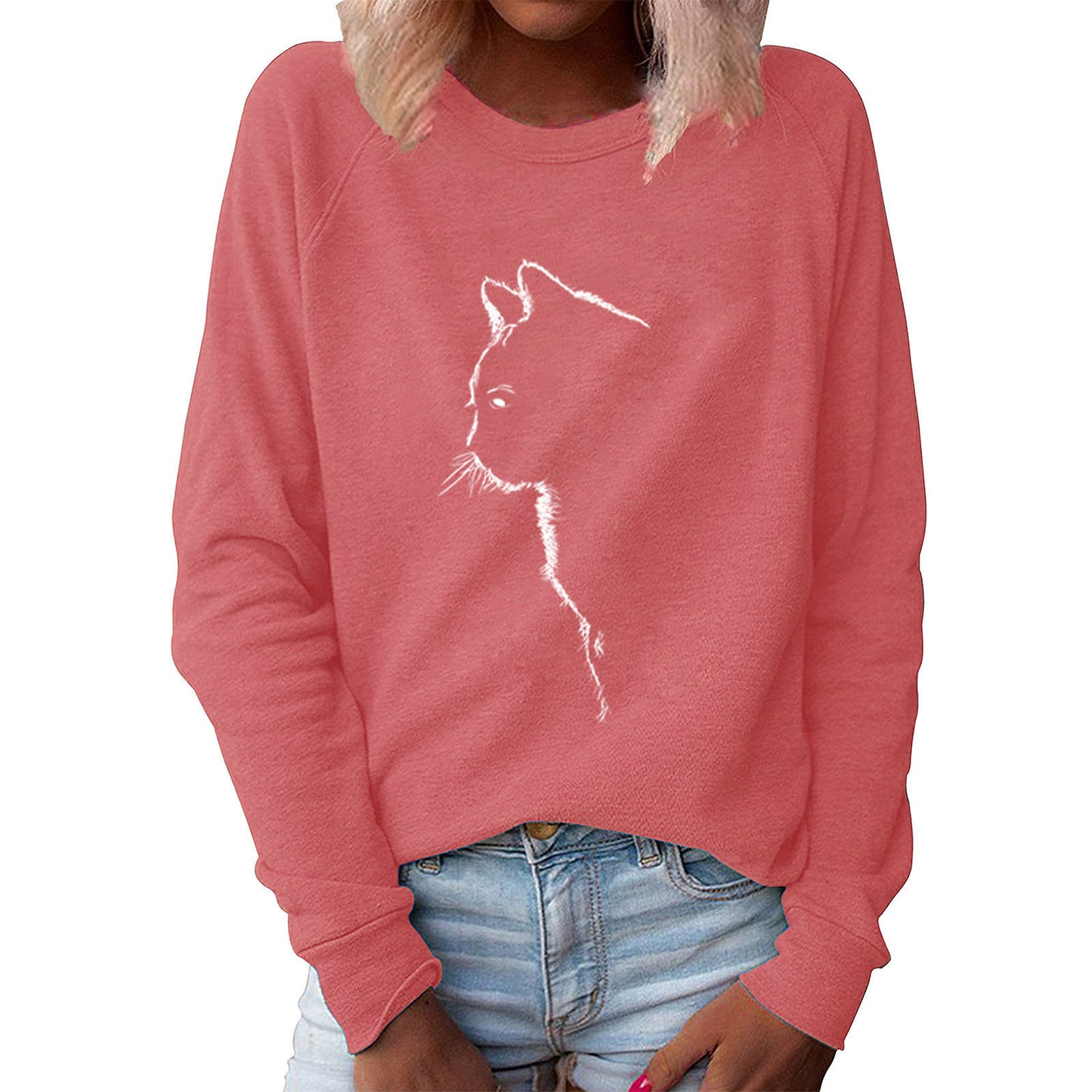 Women's Autumn Cat Creative Printing Round Neck Long Women's Sweater, Sweater