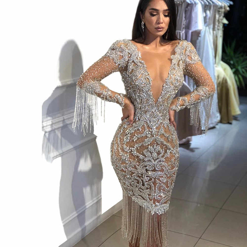 Women's Deep Long Sleeve Gold Maxi Dress Wedding Dresses