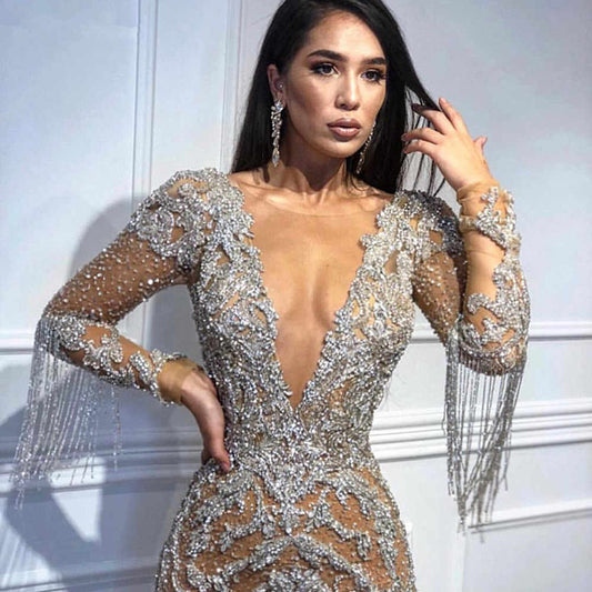 Women's Deep Long Sleeve Gold Maxi Dress Wedding Dresses