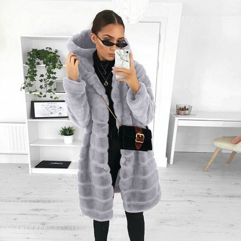 Women's Korean Style Fashion Suede Mid-length Hooded Imitated Coats