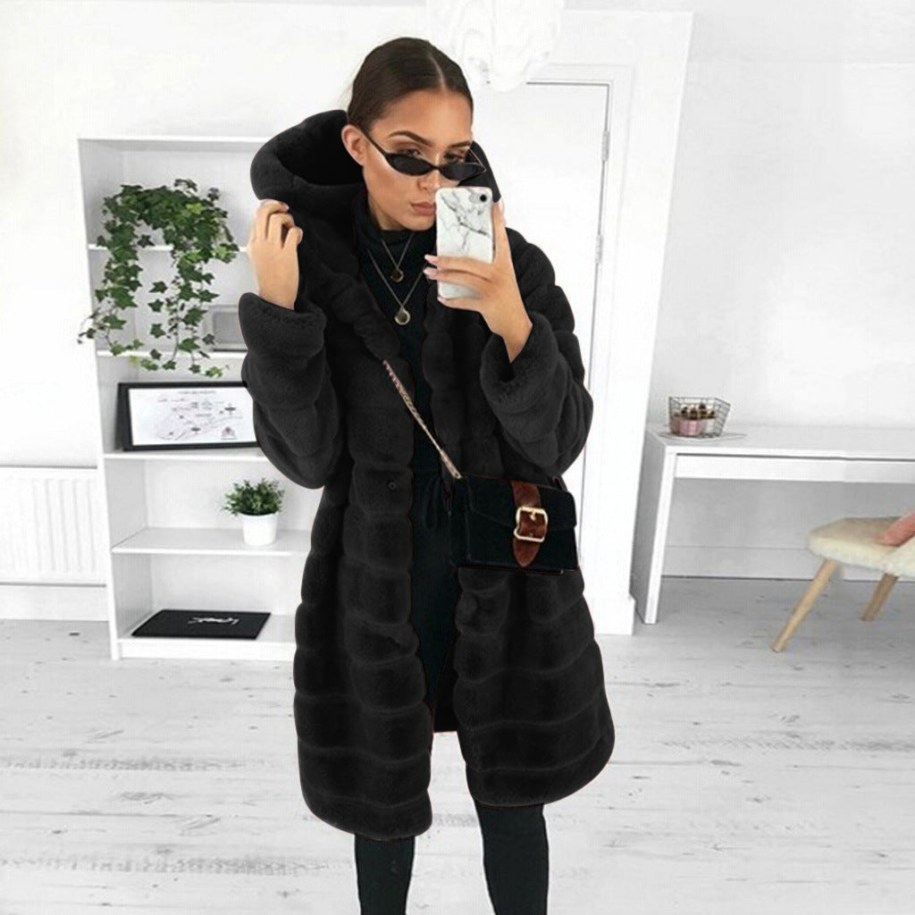 Women's Korean Style Fashion Suede Mid-length Hooded Imitated Coats