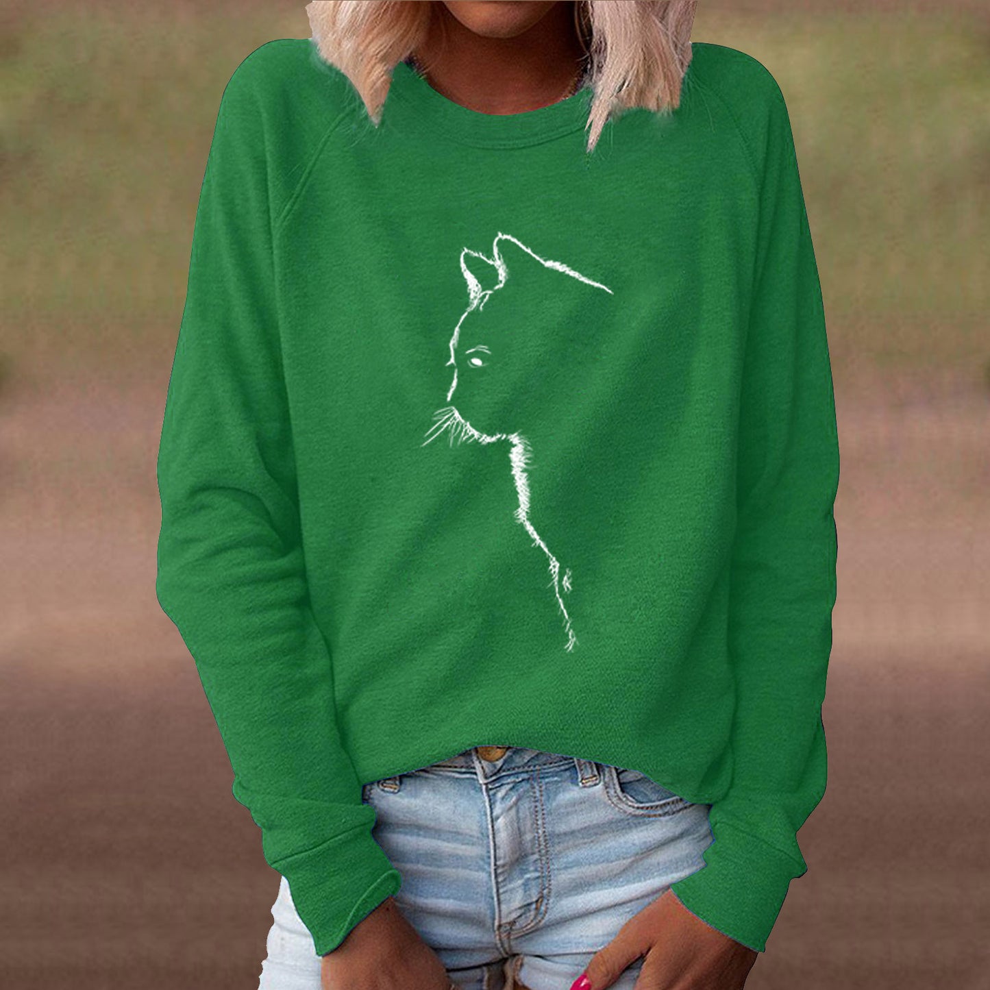 Women's Autumn Cat Creative Printing Round Neck Long Women's Sweater, Sweater