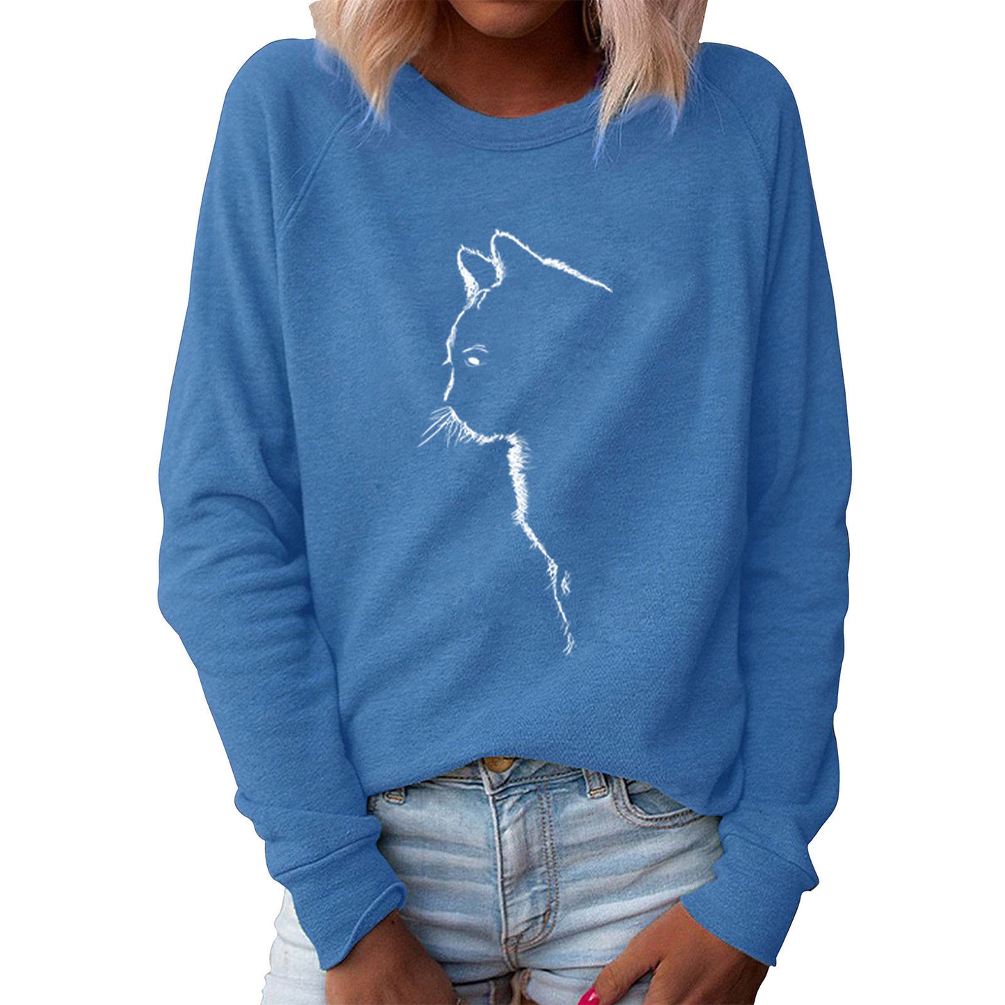 Women's Autumn Cat Creative Printing Round Neck Long Women's Sweater, Sweater