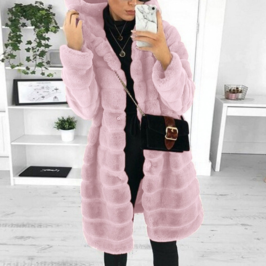 Women's Korean Style Fashion Suede Mid-length Hooded Imitated Coats