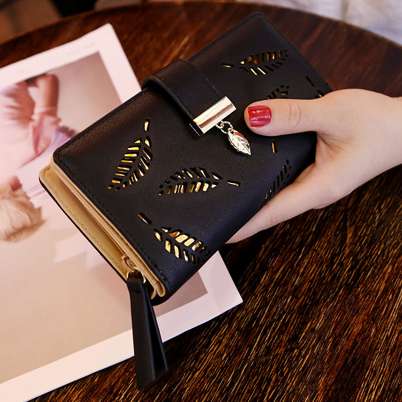 Women's Korean Long Fashion Clutch Hollow Leaves Ladies Wallets