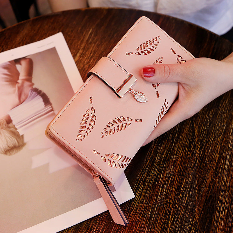 Women's Korean Long Fashion Clutch Hollow Leaves Ladies Wallets