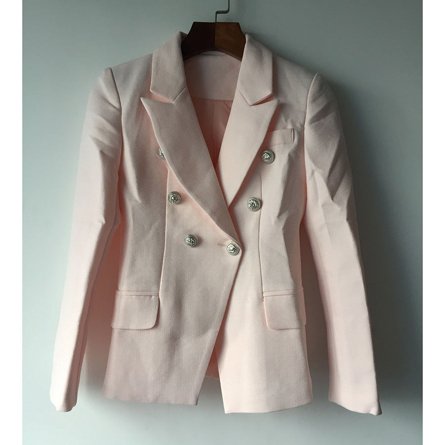Sier Metal Buckle Double Breasted Pink Small Suit