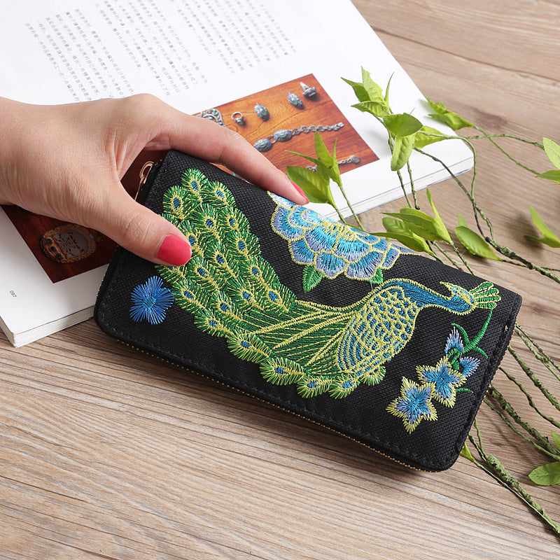 Women's Yunnan National Style Long Clutch Peacock Double Purses