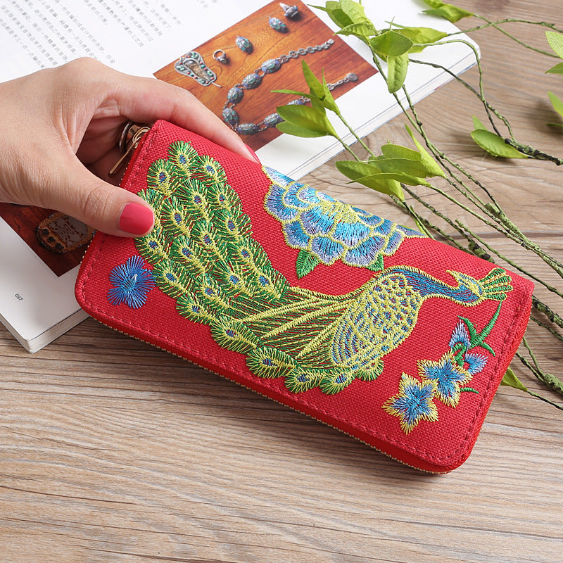 Women's Yunnan National Style Long Clutch Peacock Double Purses