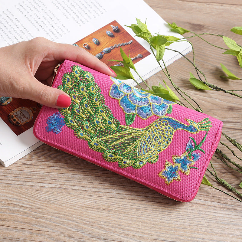Women's Yunnan National Style Long Clutch Peacock Double Purses