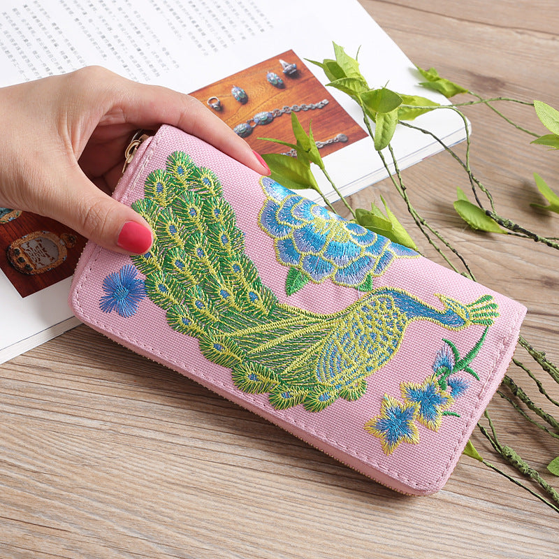 Women's Yunnan National Style Long Clutch Peacock Double Purses