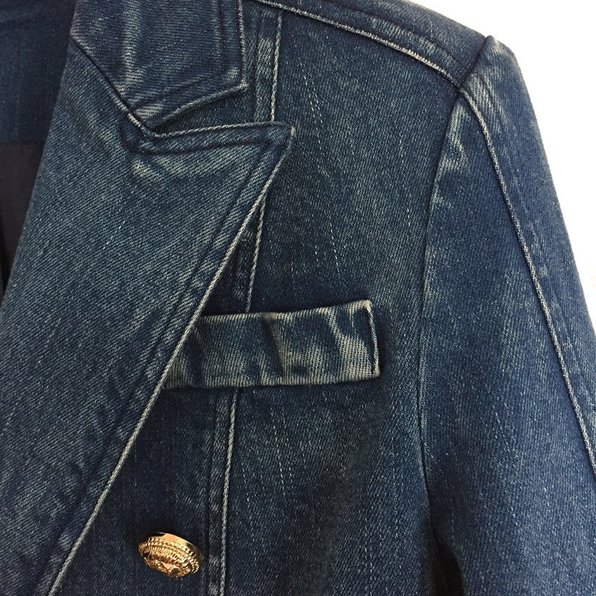 Unique Double-breasted Lion Buckle Wash Denim Small Suit