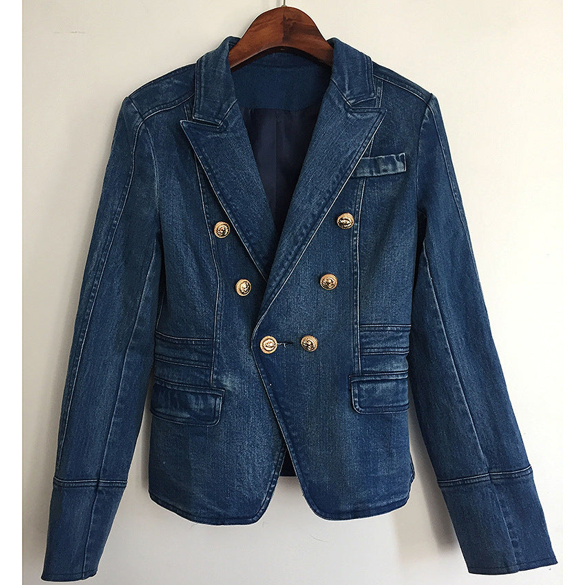 Unique Double-breasted Lion Buckle Wash Denim Small Suit