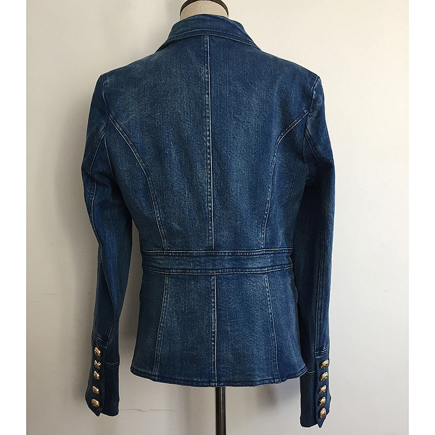 Unique Double-breasted Lion Buckle Wash Denim Small Suit