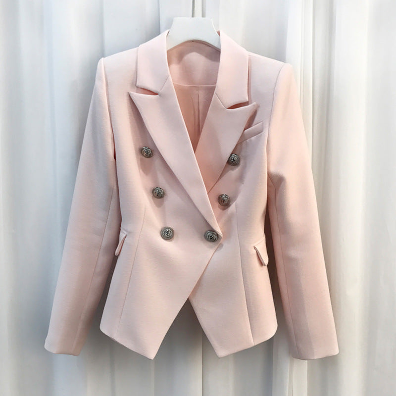 Sier Metal Buckle Double Breasted Pink Small Suit