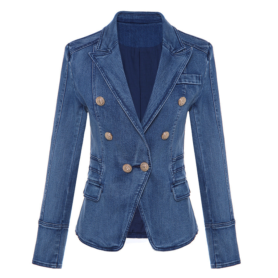 Unique Double-breasted Lion Buckle Wash Denim Small Suit