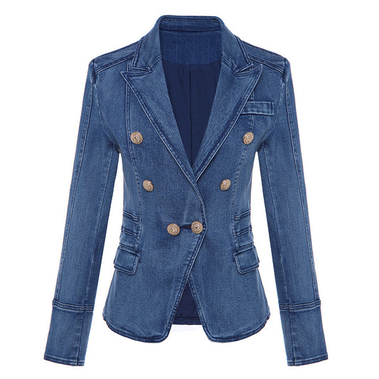 Unique Double-breasted Lion Buckle Wash Denim Small Suit
