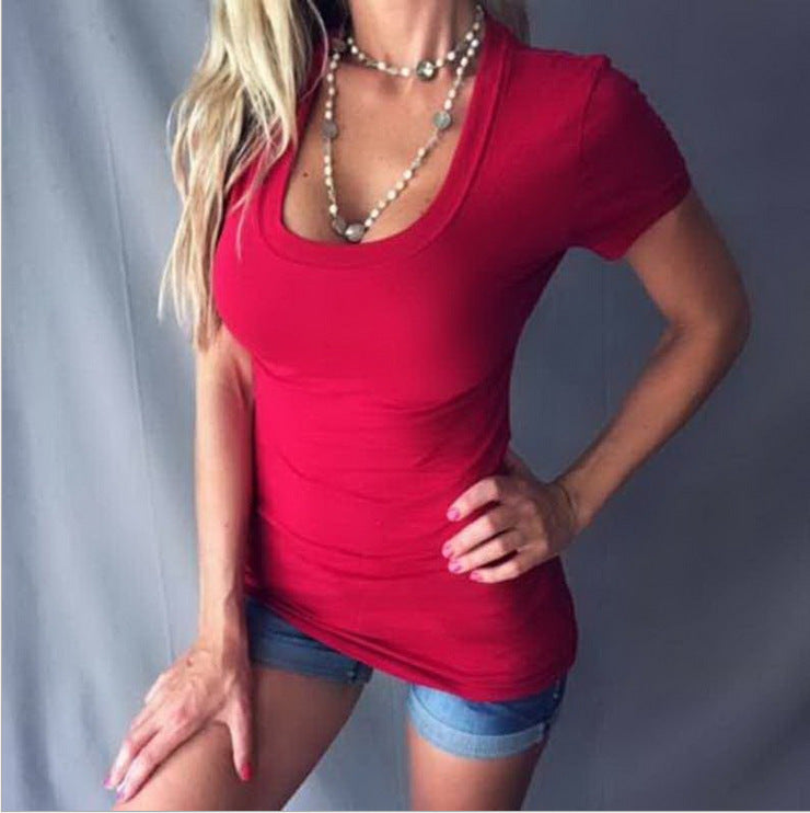 Women's Summer Sexy Solid Color Deep Short-sleeved Women's T-shirt