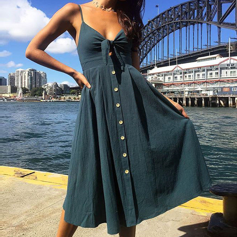 Sexy Fashion Suspender Button Backless Bow Dress