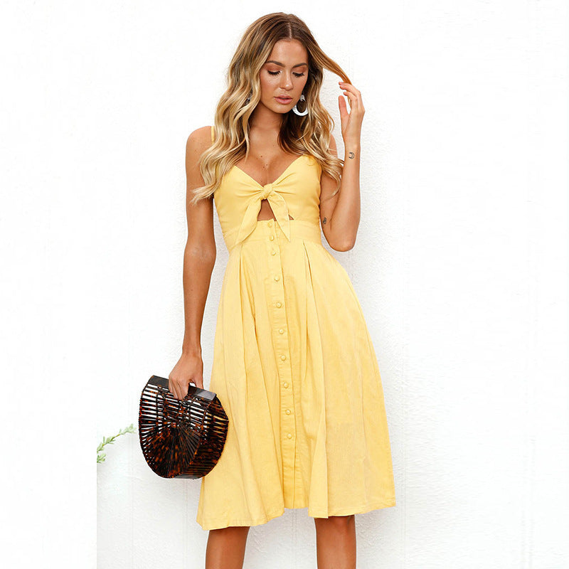Sexy Fashion Suspender Button Backless Bow Dress