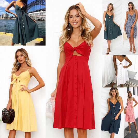 Sexy Fashion Suspender Button Backless Bow Dress