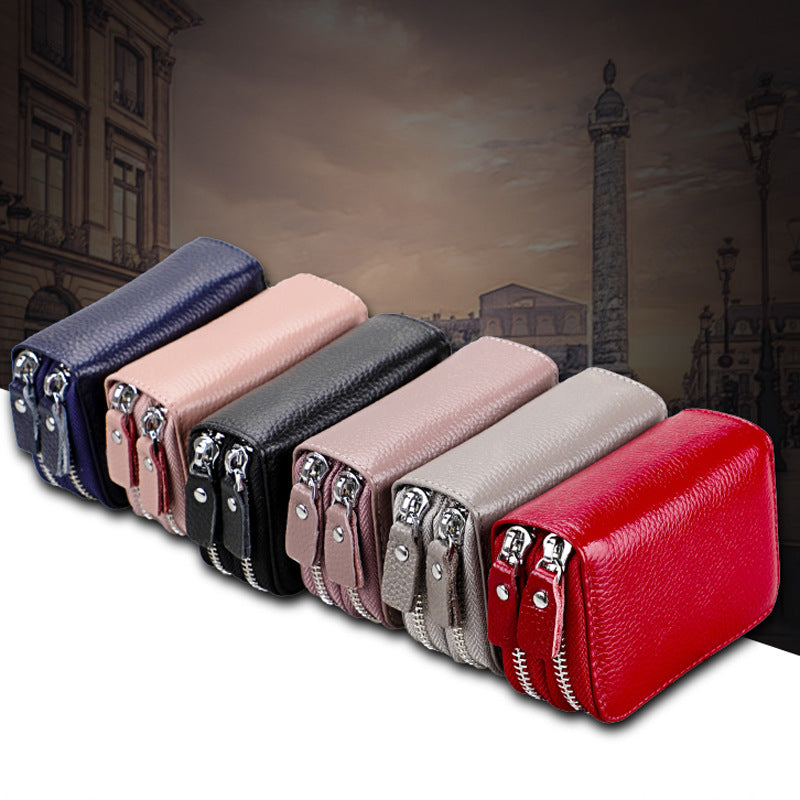 Women's Genuine Leather Expanding Korean Double Zipper Card Holder