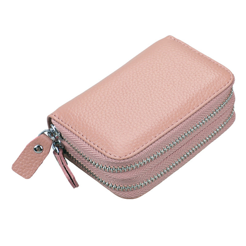 Women's Genuine Leather Expanding Korean Double Zipper Card Holder
