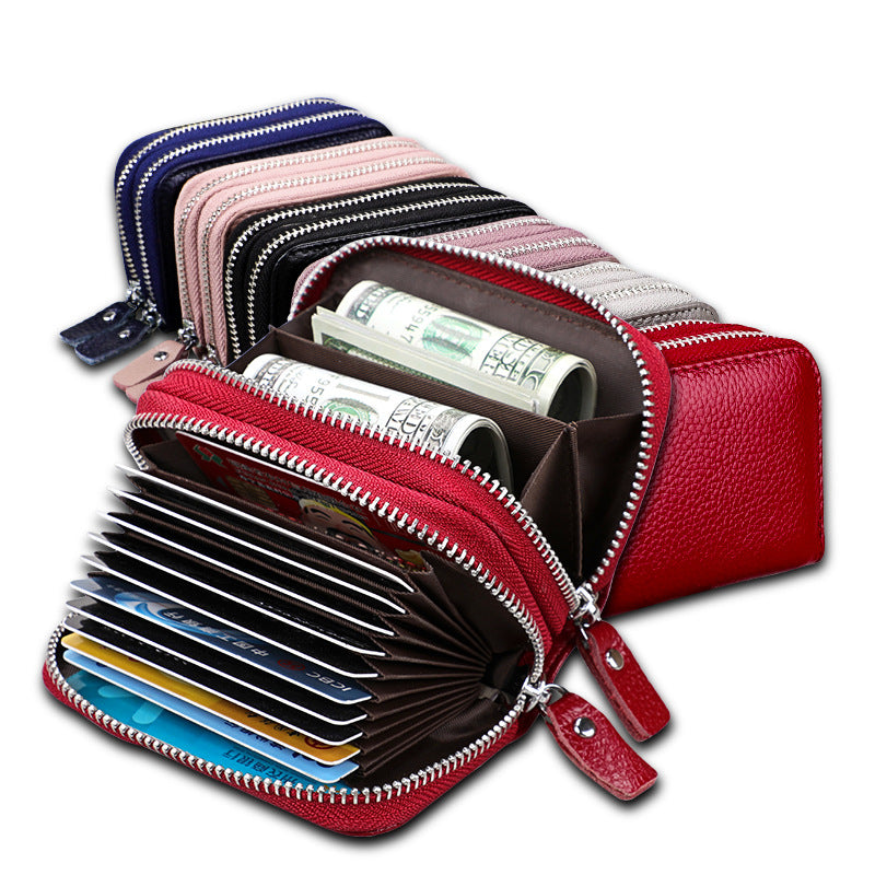Women's Genuine Leather Expanding Korean Double Zipper Card Holder