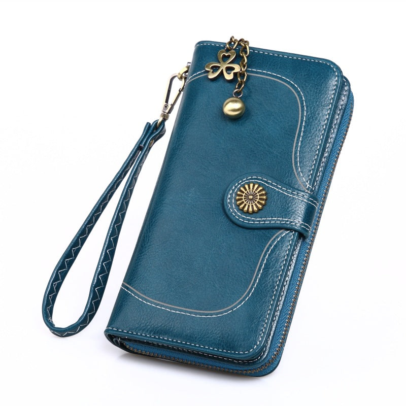Women's Oil Wax Leather Long Zipper Large Ladies Wallets