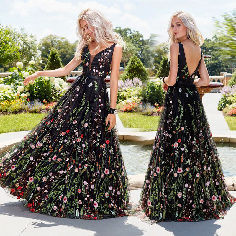 Sleeveless Embroidered Dress Slim Fit Backless Dresses