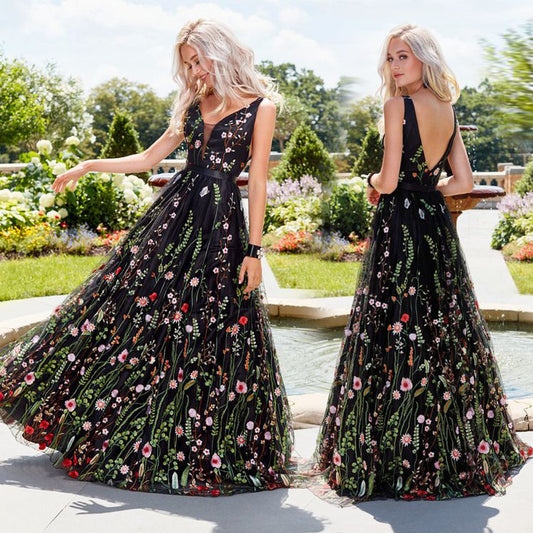 Sleeveless Embroidered Dress Slim Fit Backless Dresses