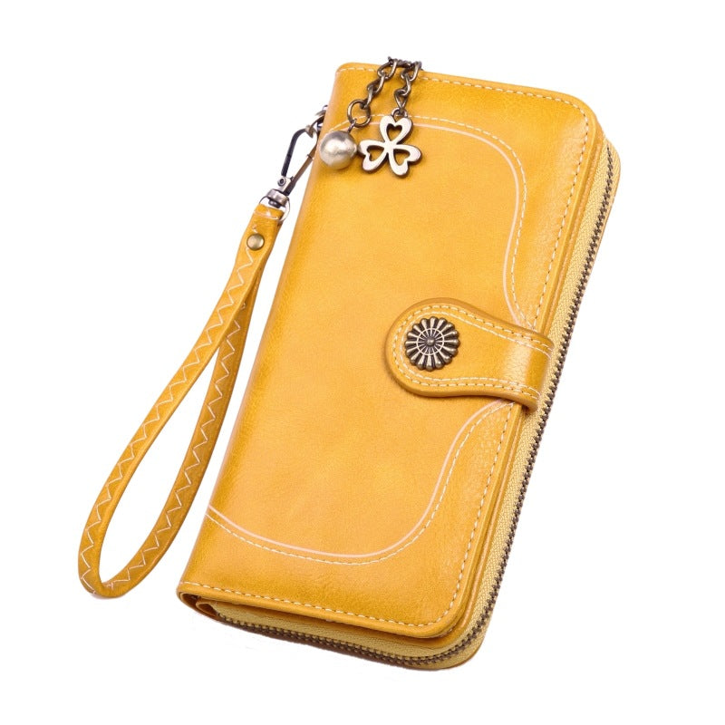 Women's Oil Wax Leather Long Zipper Large Ladies Wallets