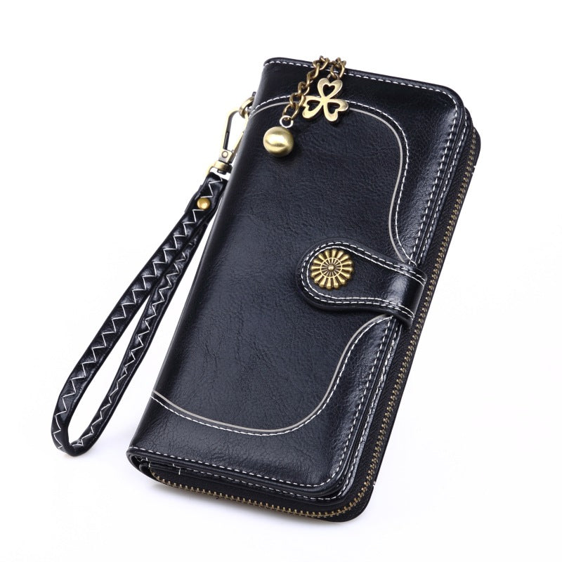 Women's Oil Wax Leather Long Zipper Large Ladies Wallets