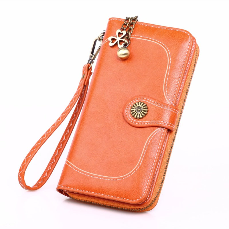 Women's Oil Wax Leather Long Zipper Large Ladies Wallets