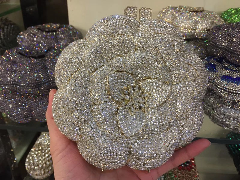 Women's Rose Rhinestone Hollow Metal Crystal Dinner Evening Bags