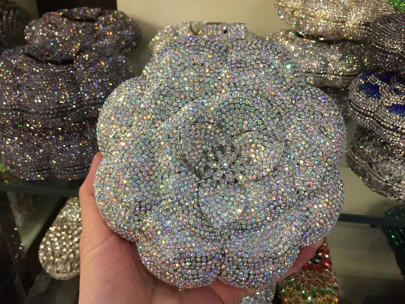 Women's Rose Rhinestone Hollow Metal Crystal Dinner Evening Bags