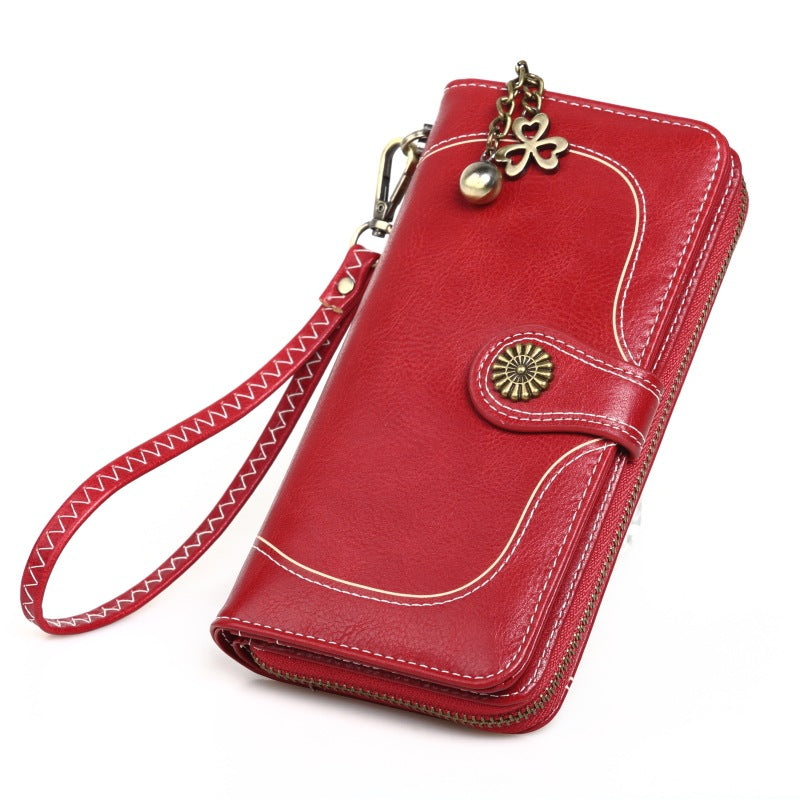 Women's Oil Wax Leather Long Zipper Large Ladies Wallets
