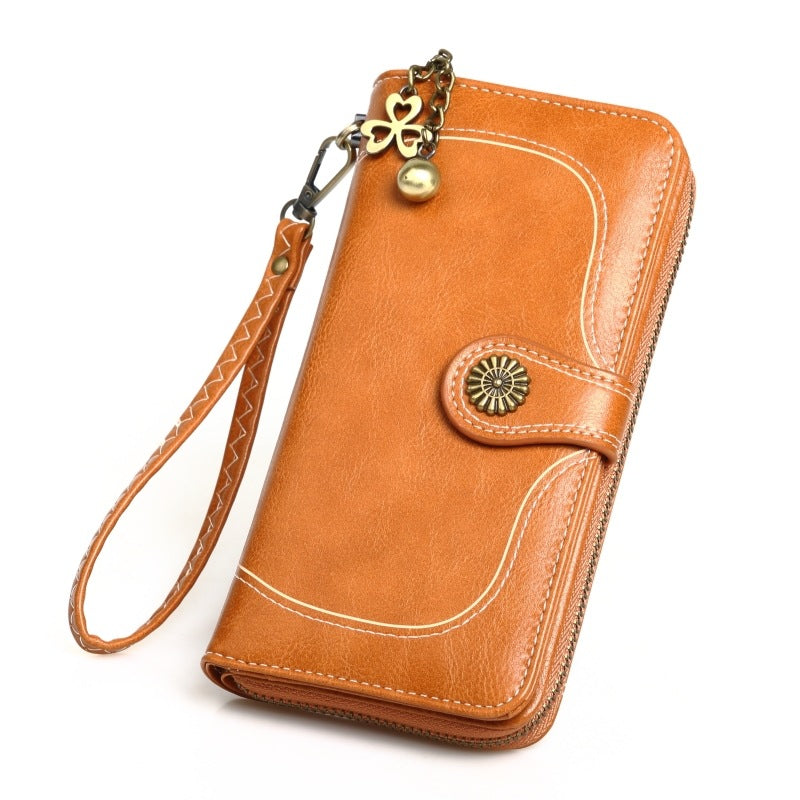 Women's Oil Wax Leather Long Zipper Large Ladies Wallets