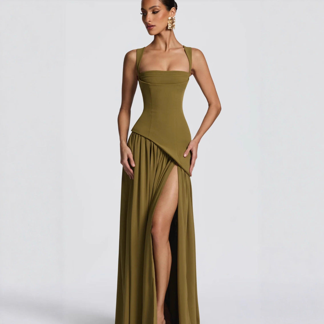 Irregular Slit Contrast Color Sexy Pleated Dresses
