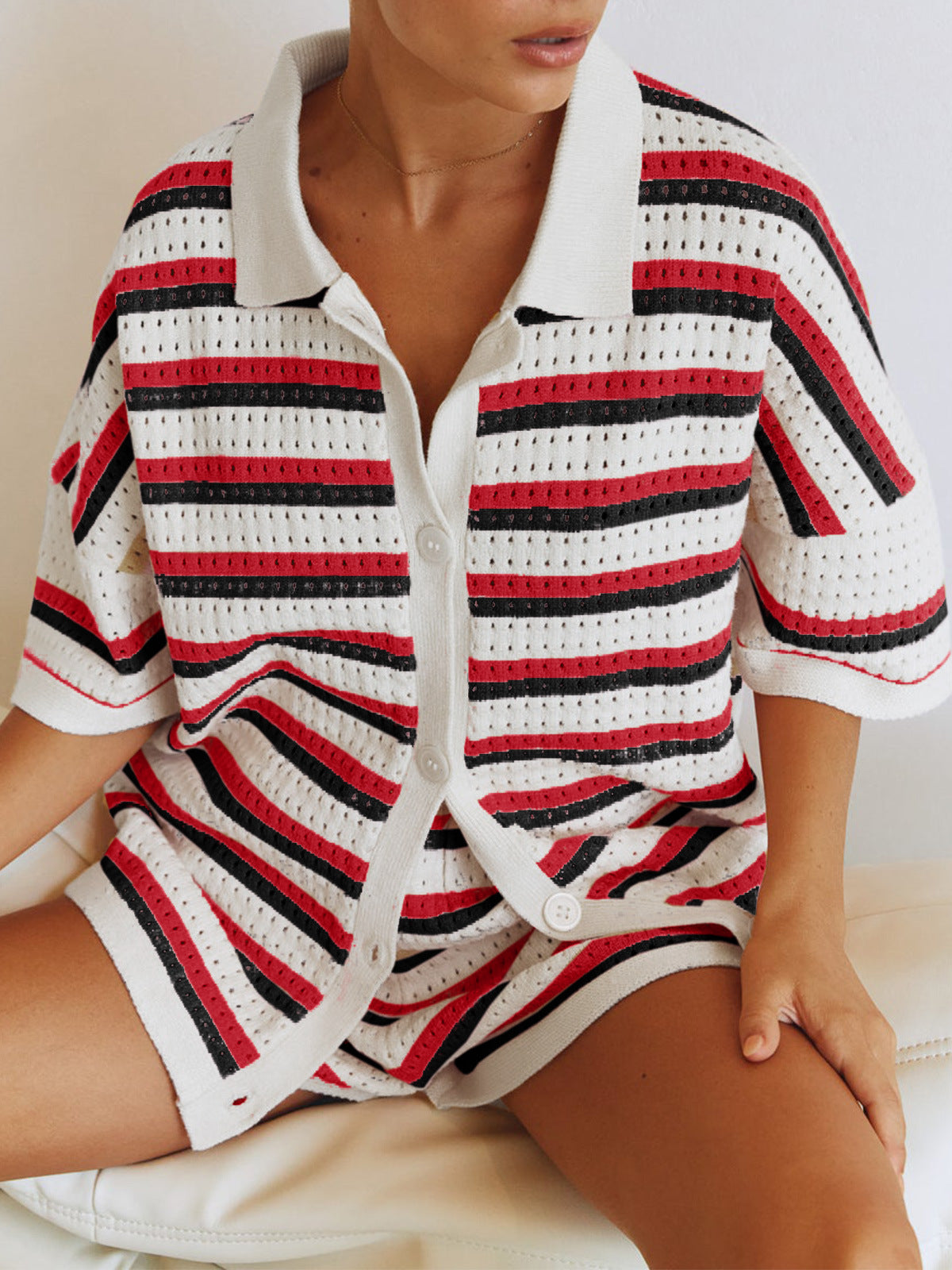 Women's Fashion Polo Collar Sleeve Striped Knitted Single-breasted High Waist Suits
