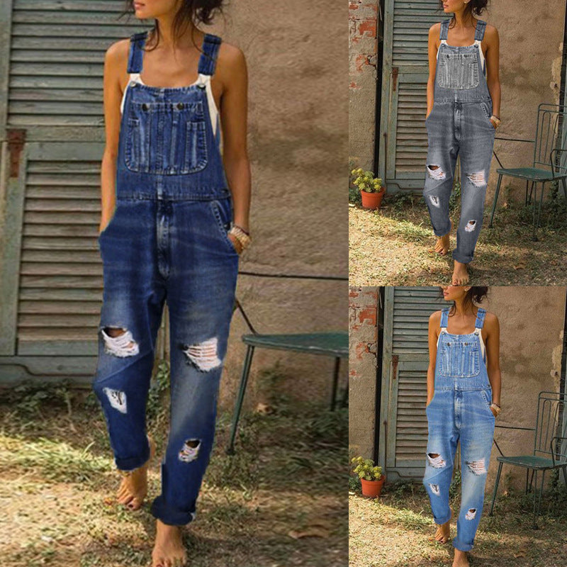 Women's Autumn Washed Cut Simple Straight Suspender Jeans