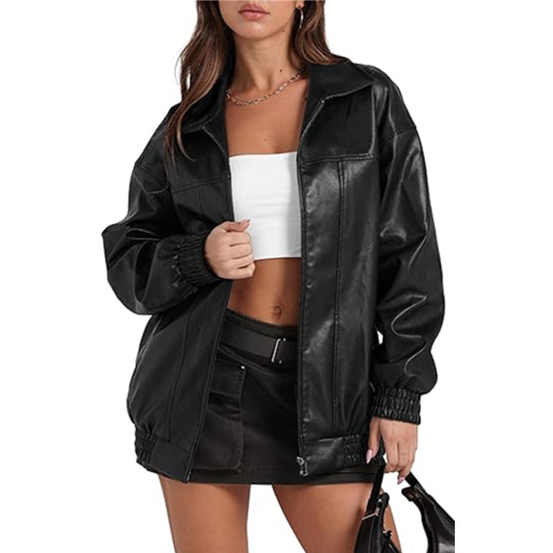 Women's Leather Long Sleeve Lapel Zipper Side Pocket Jackets