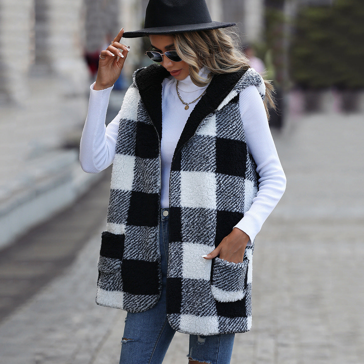 Women's Veet Casual Mid-length Hooded Sleeveless Plaid Coats