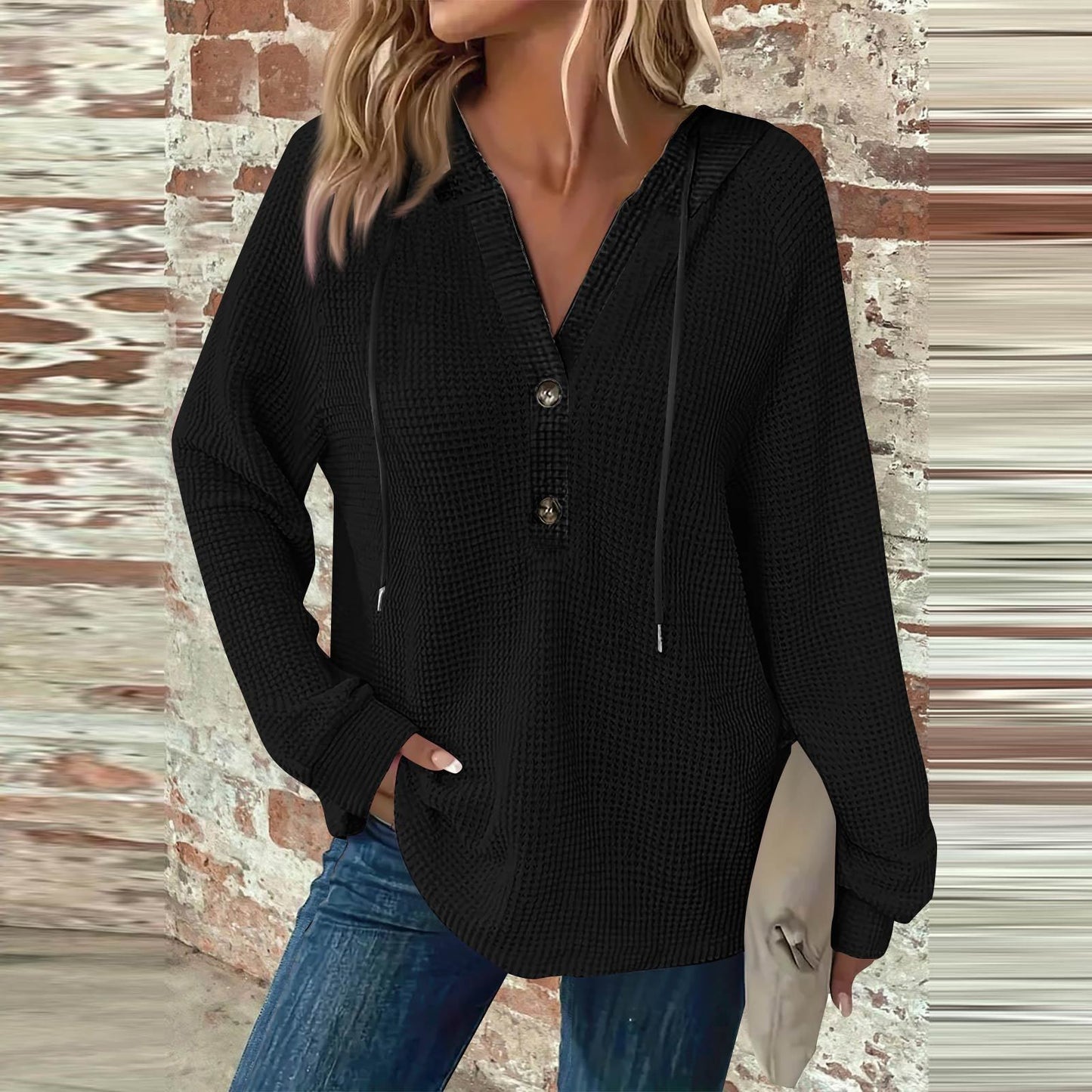 Women's Hoodie Waffle Knit Drawstring Button Long Sleeve Pullover Leisure Sweaters