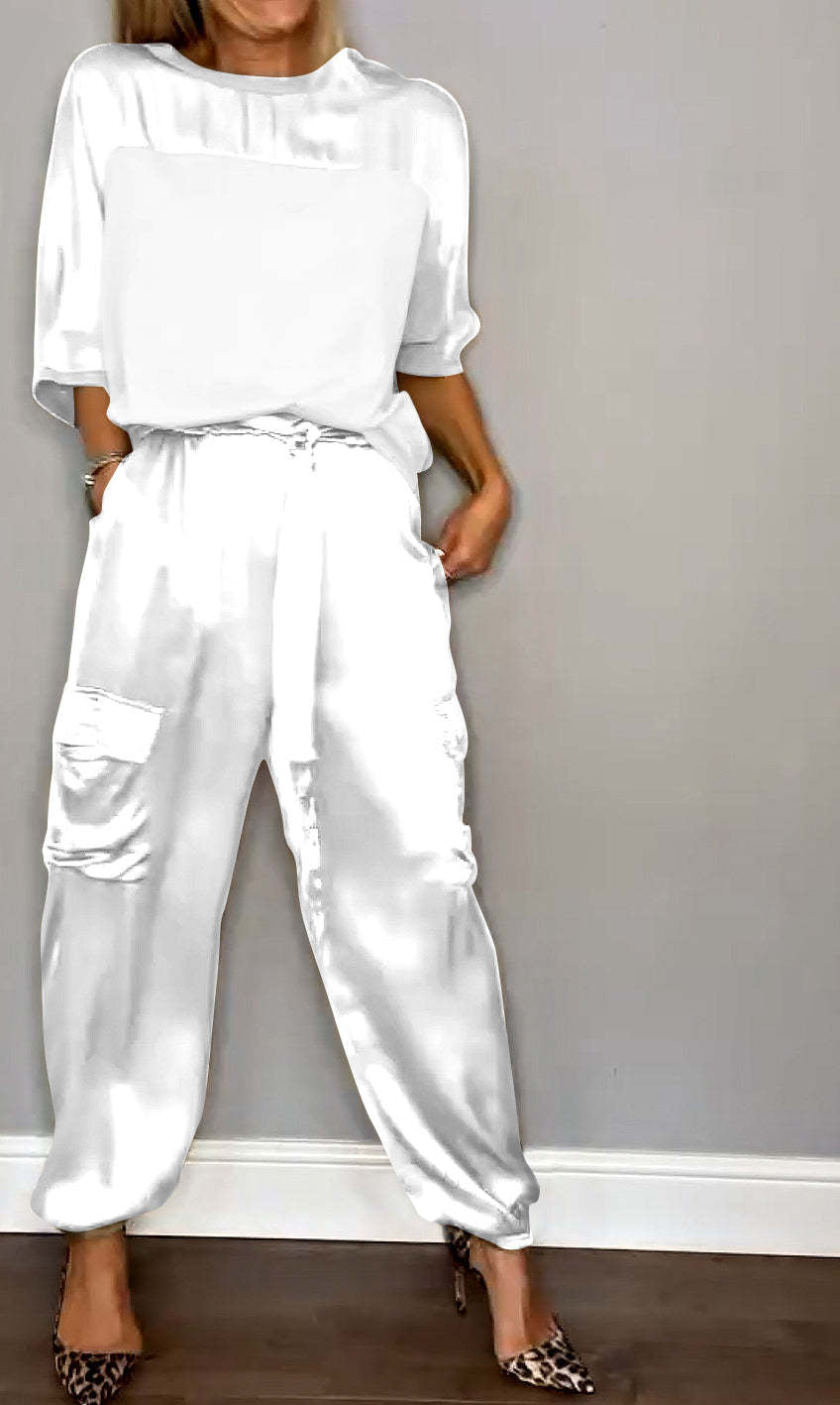 Women's Smooth Satin Short-sleeved Casual Two-piece Set Suits