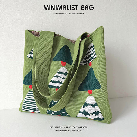 Women's Cartoon Christmas Tree Knitted Versatile Large Shoulder Bags