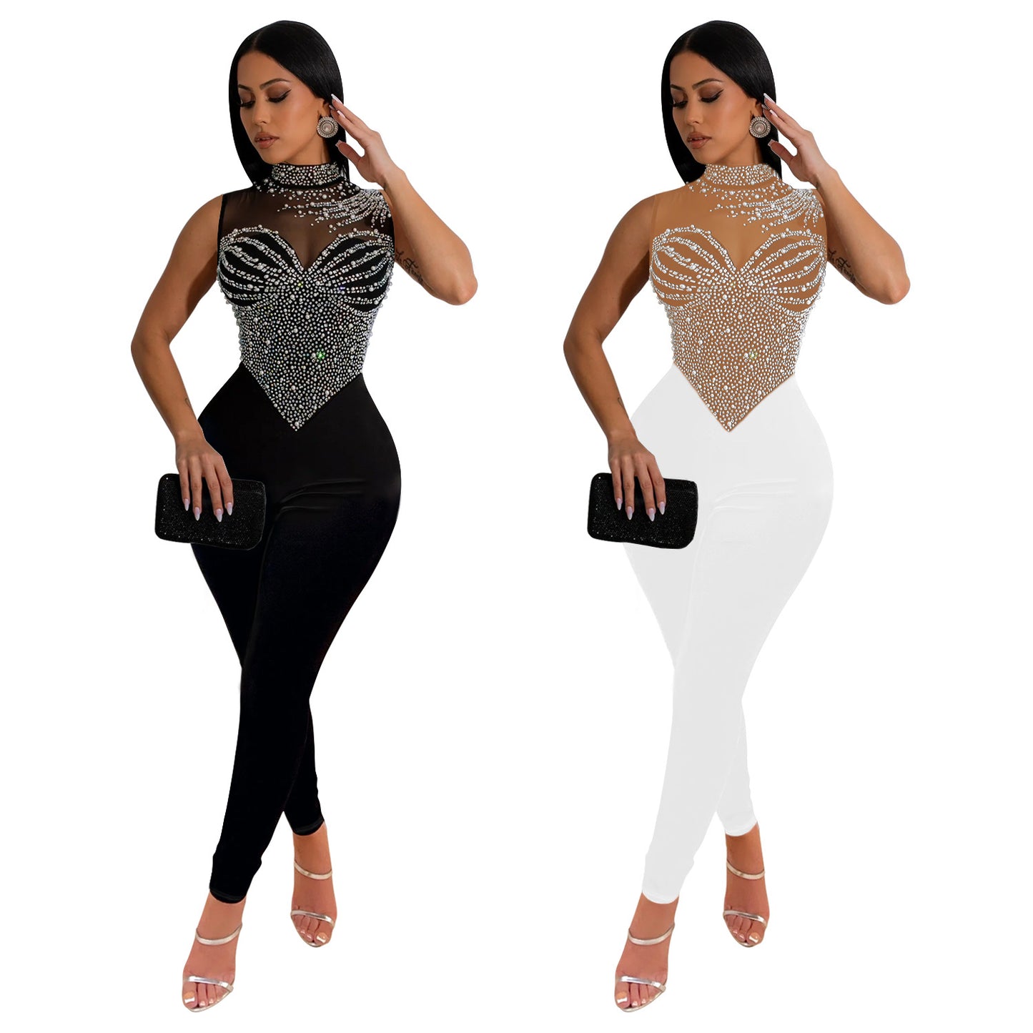 Women's Wear Pure Color Mesh Hot Drilling Jumpsuits