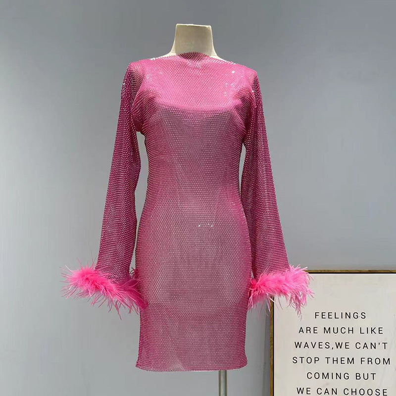 Fashion Luxury Hollow Mesh Ostrich Feather Slimming Bottoming Dresses